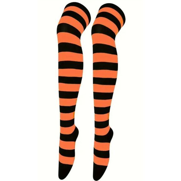 Halloween Orange & Black Striped Thigh-High Socks Costume Over-The-Knee - Picture 2 of 3